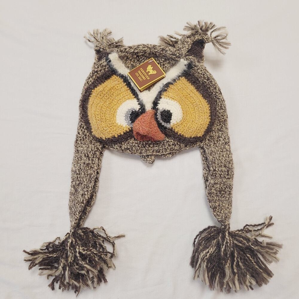 Peruvian Trading Company Hat Knit Owl Ear Flap Pom Pom Handmade Peru Cozy New - Picture 1 of 12